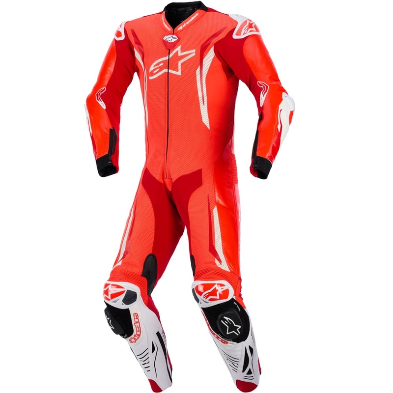 Mono de moto Alpinestars GP TECH V5 de una pieza, color rojo flúor, rojo y blanco.