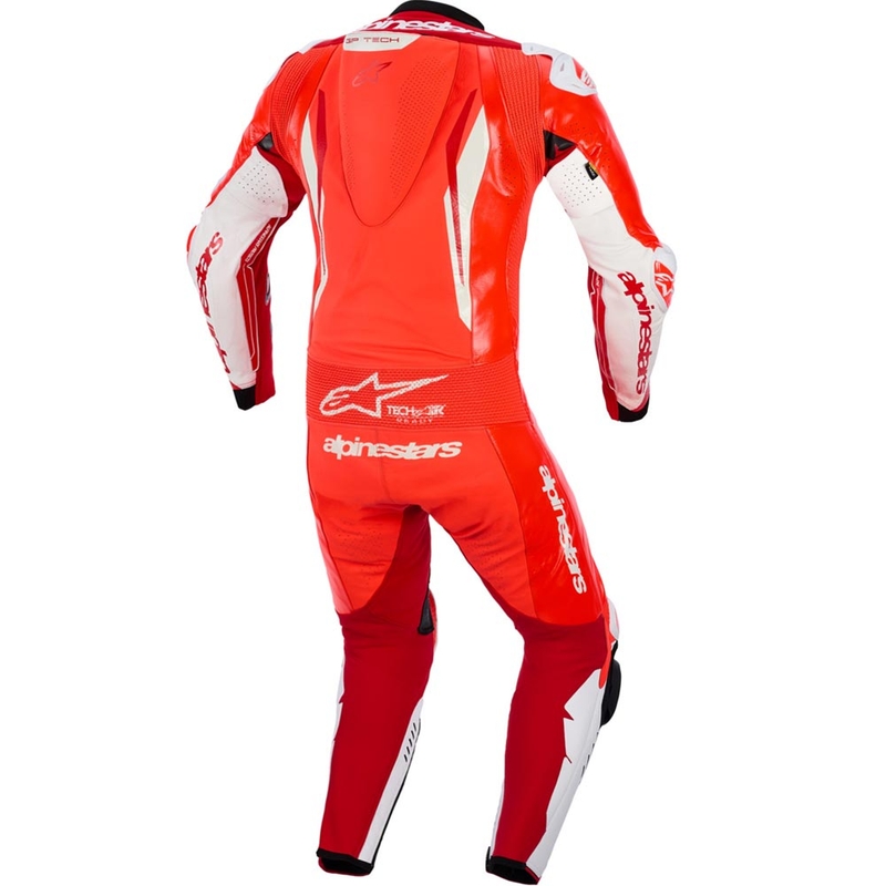 Mono de moto Alpinestars GP TECH V5 de una pieza, color rojo flúor, rojo y blanco.