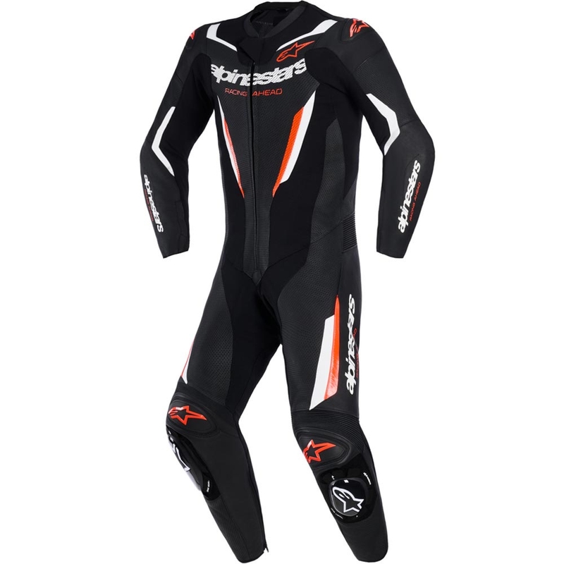 Mono de moto Alpinestars GP FORCE V2 de una pieza, negro, blanco y rojo flúor.