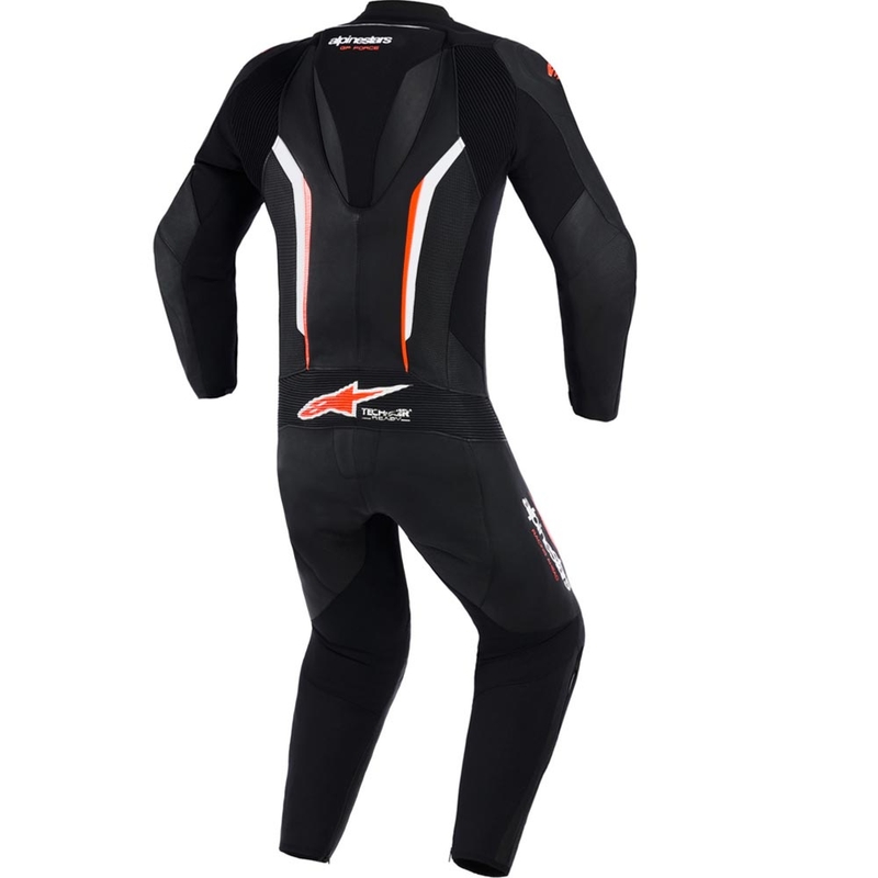 Mono de moto Alpinestars GP FORCE V2 de una pieza, negro, blanco y rojo flúor.