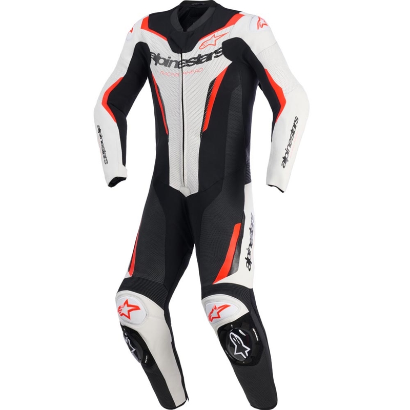Mono de moto Alpinestars GP FORCE V2 de una pieza, blanco, negro y rojo flúor.