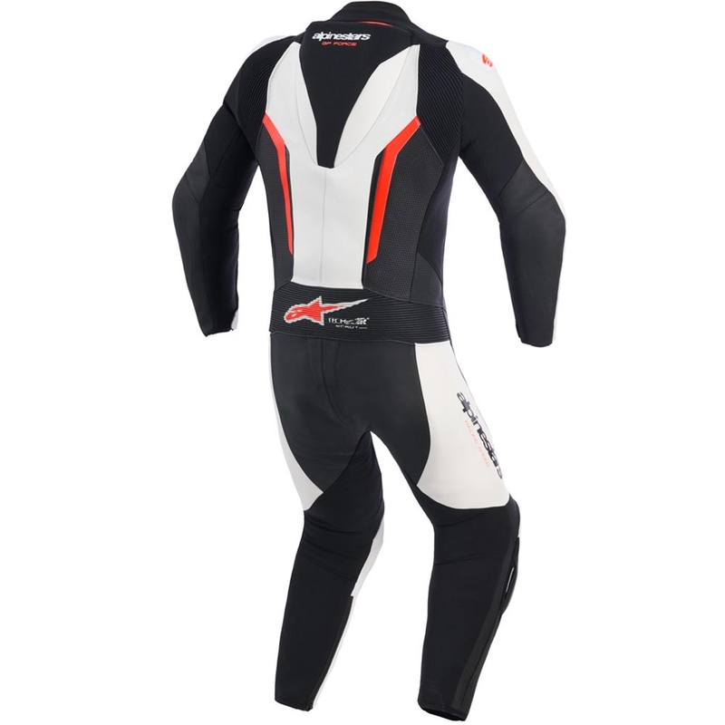 Mono de moto Alpinestars GP FORCE V2 de una pieza, blanco, negro y rojo flúor.