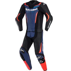 Mono de moto Alpinestars GP Force V2 de dos piezas, negro, azul y rojo flúor.