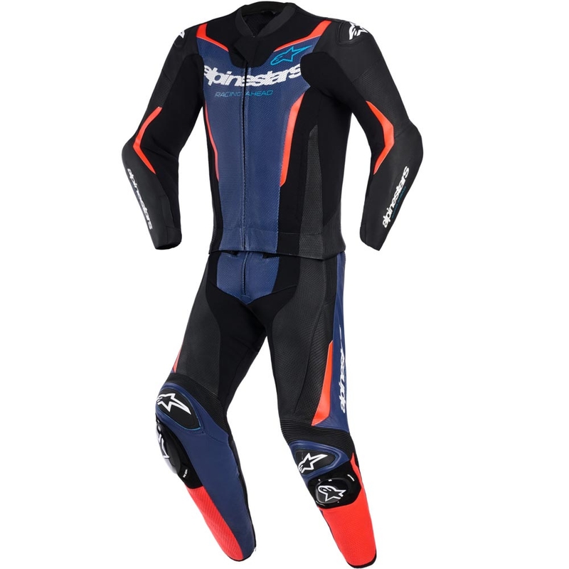 Mono de moto Alpinestars GP Force V2 de dos piezas, negro, azul y rojo flúor.