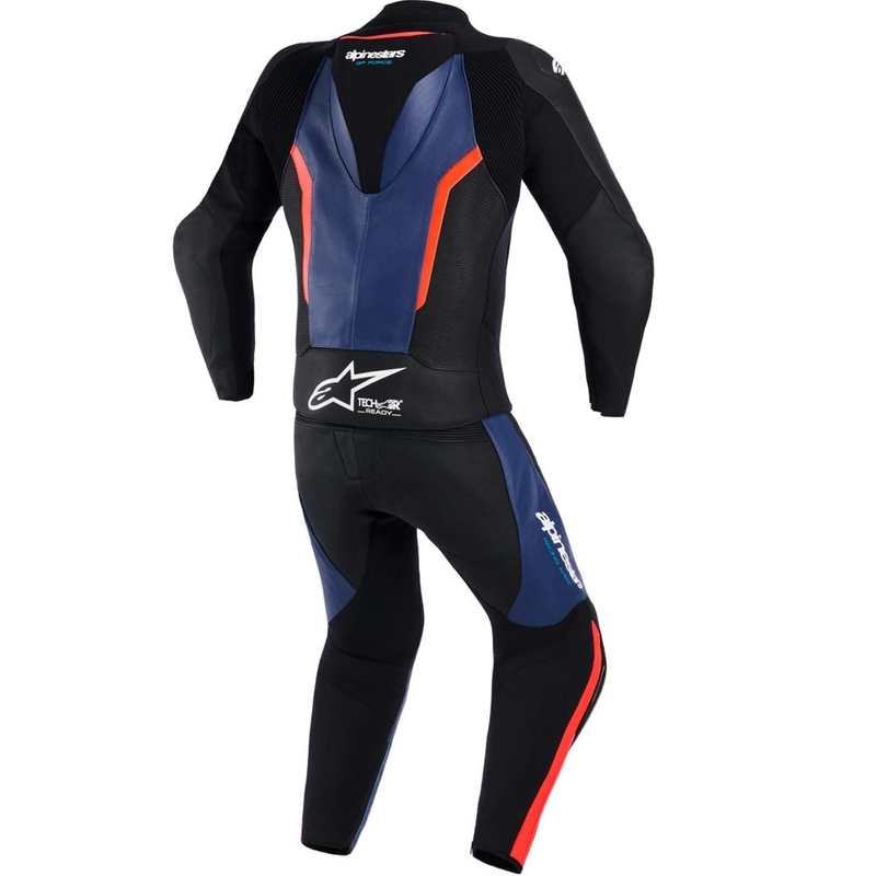 Mono de moto Alpinestars GP Force V2 de dos piezas, negro, azul y rojo flúor.