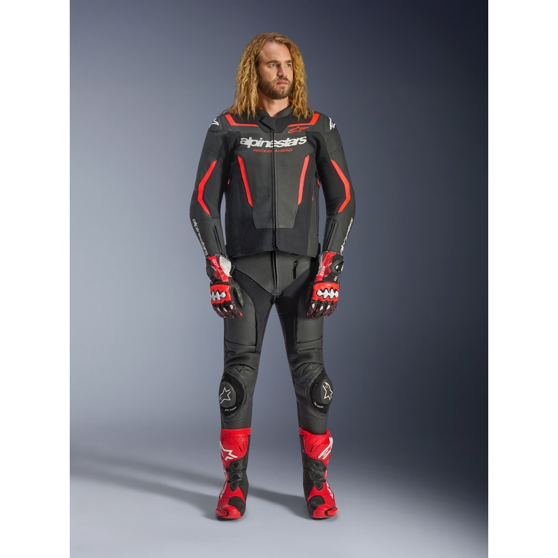 Chaqueta de moto de cuero Alpinestars GP Force V2 negra-rojo flúor-blanca