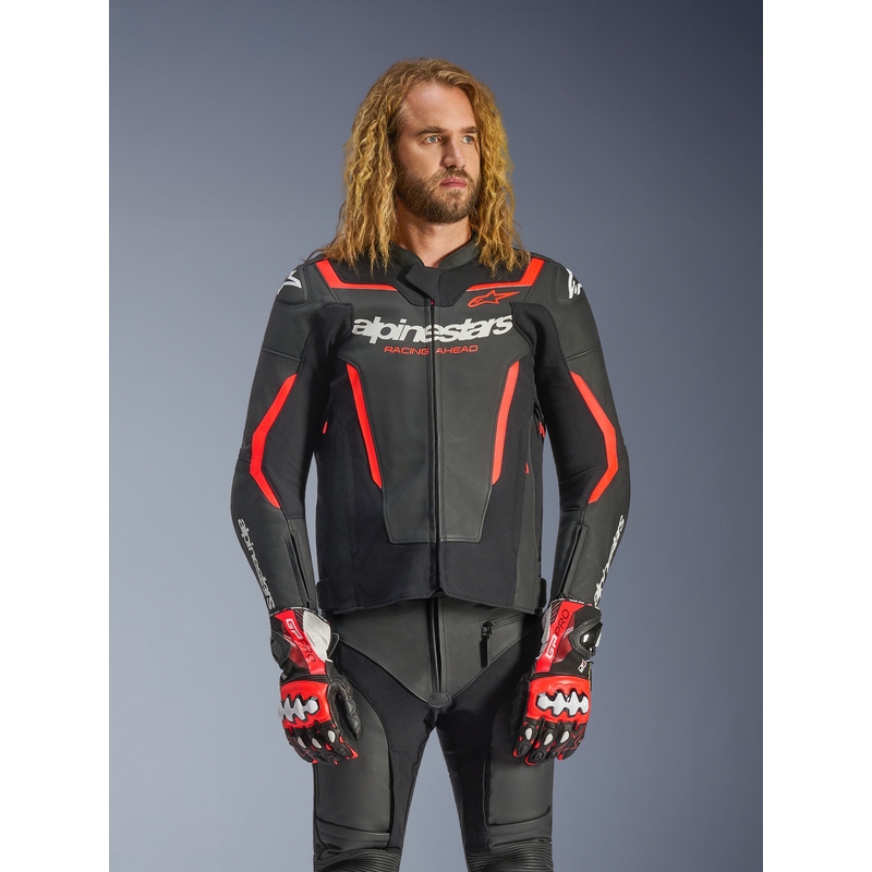 Chaqueta de moto de cuero Alpinestars GP Force V2 negra-rojo flúor-blanca