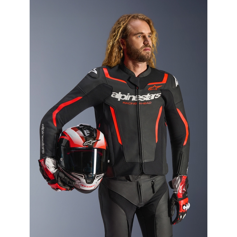 Chaqueta de moto de cuero Alpinestars GP Force V2 negra-rojo flúor-blanca