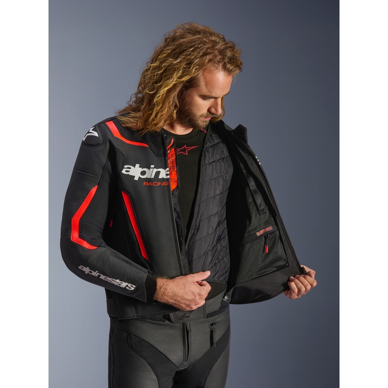Chaqueta de moto de cuero Alpinestars GP Force V2 negra-rojo flúor-blanca