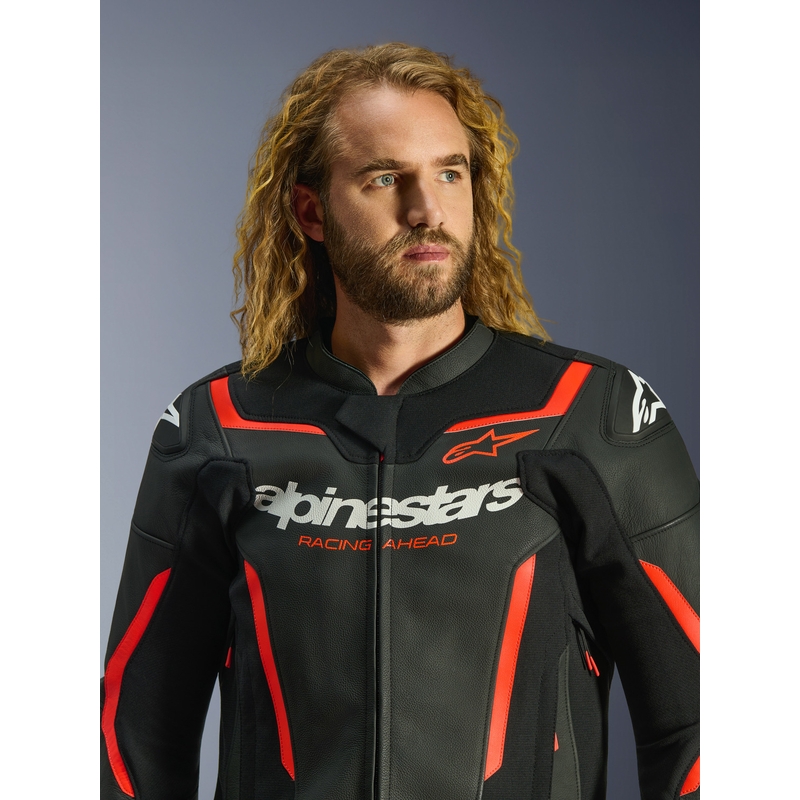 Chaqueta de moto de cuero Alpinestars GP Force V2 negra-rojo flúor-blanca