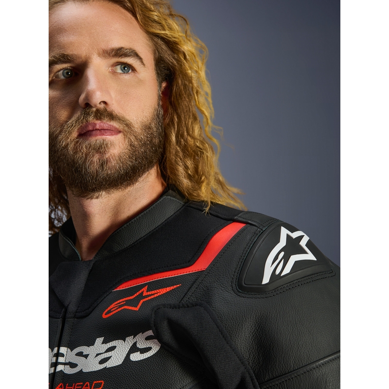 Chaqueta de moto de cuero Alpinestars GP Force V2 negra-rojo flúor-blanca
