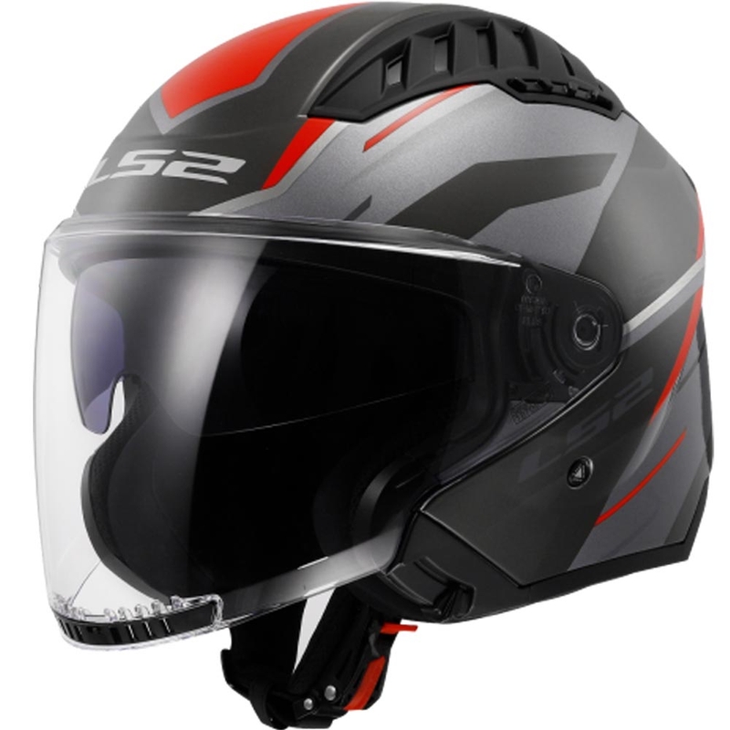 Casco de moto abierto LS2 OF600 Copter II Diston gris-rojo