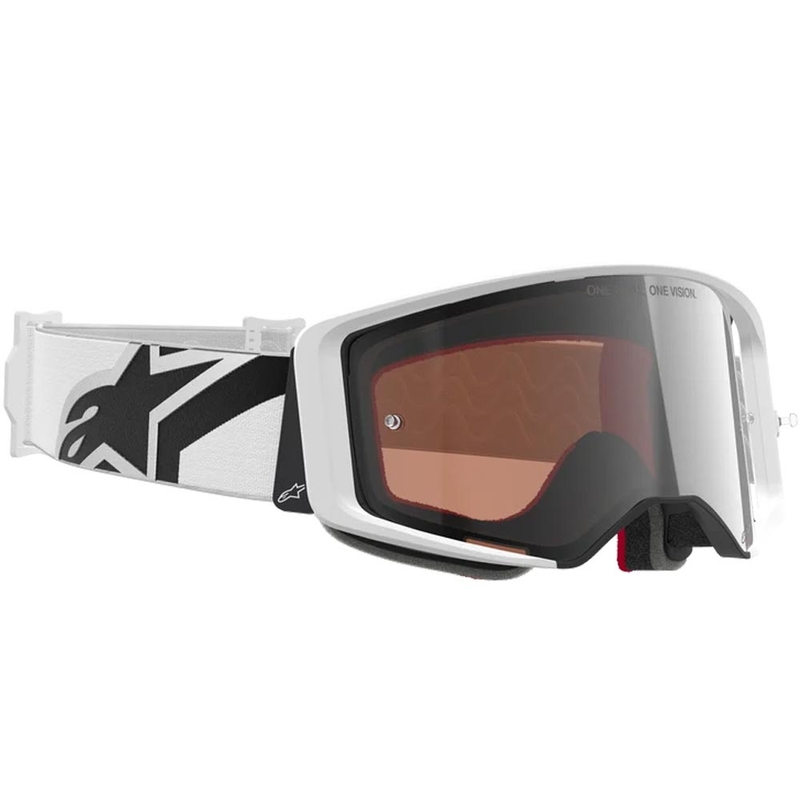 Gafas de motocross Alpinestars Supertech Corp, color blanco-gris con plexiglás rojo.