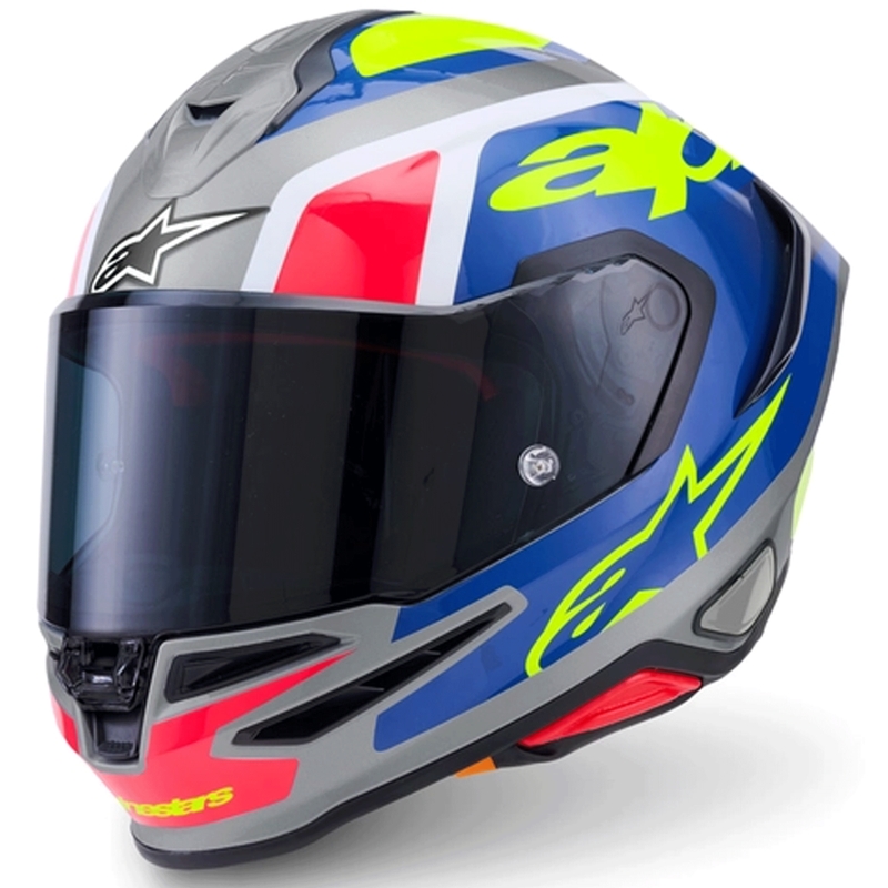 Casco integral de moto Alpinestars S-R7 Lumen, color plata-negro-rosa-amarillo flúor.