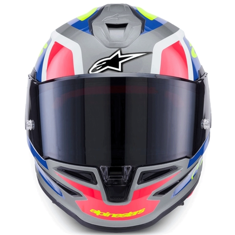 Casco integral de moto Alpinestars S-R7 Lumen, color plata-negro-rosa-amarillo flúor.
