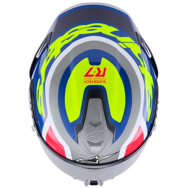 Casco integral de moto Alpinestars S-R7 Lumen, color plata-negro-rosa-amarillo flúor.