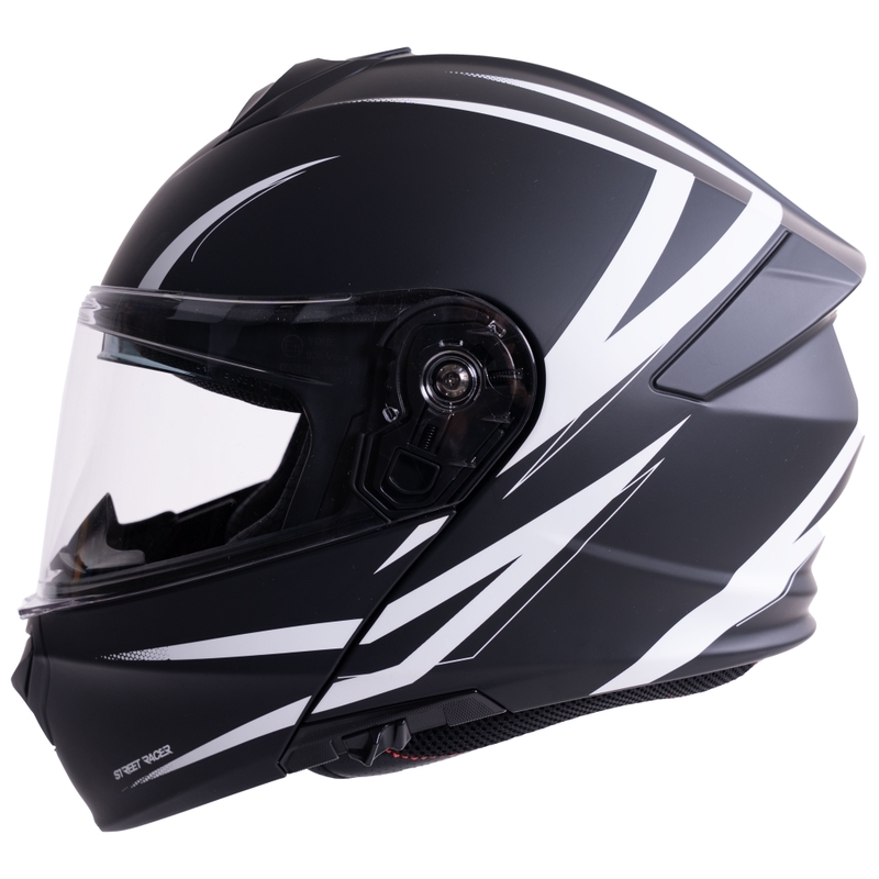 Casco de motocicleta abatible Street Racer Fury negro mate-blanco - muestra