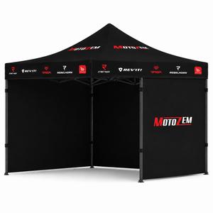 Tienda de campaña de competición MotoZem con paredes laterales, color negro.