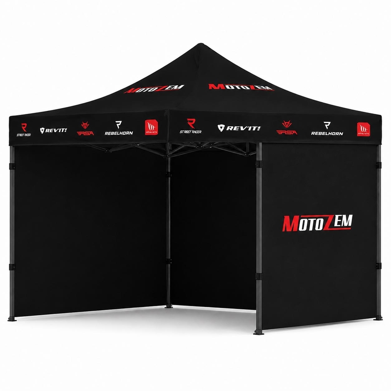 Tienda de campaña de competición MotoZem con paredes laterales, color negro.