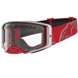 Gafas de motocross Alpinestars Supertech Dura Air Fluid en rojo y plata con plexiglás transparente.