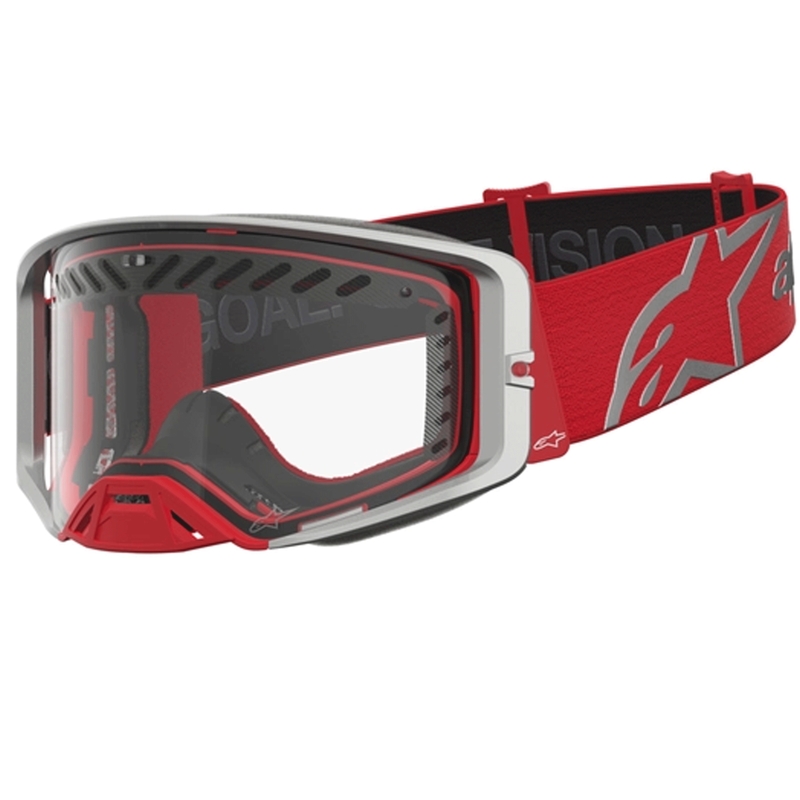 Gafas de motocross Alpinestars Supertech Dura Air Fluid en rojo y plata con plexiglás transparente.