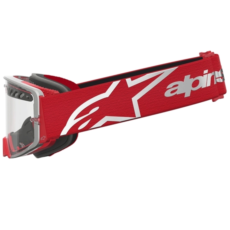 Gafas de motocross Alpinestars Supertech Dura Air Fluid en rojo y plata con plexiglás transparente.