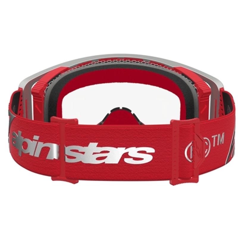 Gafas de motocross Alpinestars Supertech Dura Air Fluid en rojo y plata con plexiglás transparente.