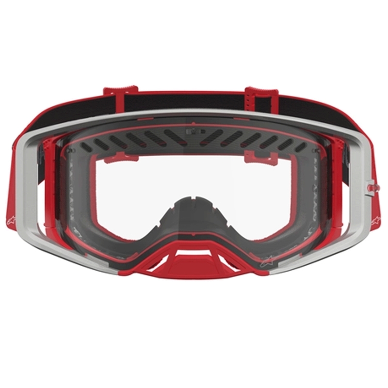 Gafas de motocross Alpinestars Supertech Dura Air Fluid en rojo y plata con plexiglás transparente.