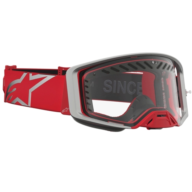 Gafas de motocross Alpinestars Supertech Dura Air Fluid en rojo y plata con plexiglás transparente.
