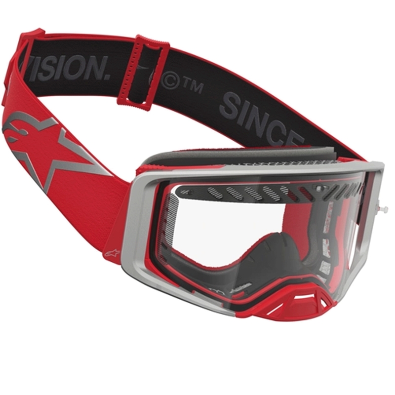 Gafas de motocross Alpinestars Supertech Dura Air Fluid en rojo y plata con plexiglás transparente.