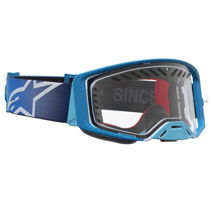 Gafas de motocross Alpinestars Supertech Dura Air Fluid azul-plateadas con plexiglás transparente