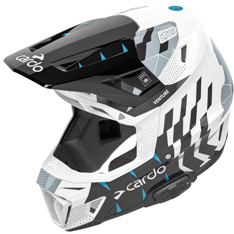 Casco de motocross con intercomunicador Cardo Venture blanco-negro-azul