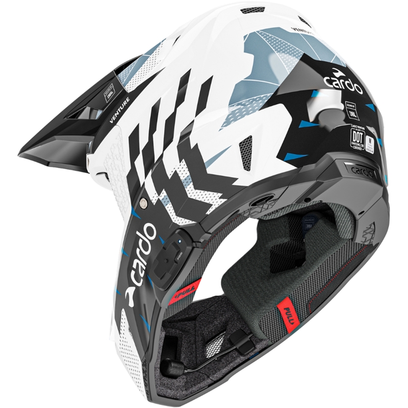 Casco de motocross con intercomunicador Cardo Venture blanco-negro-azul