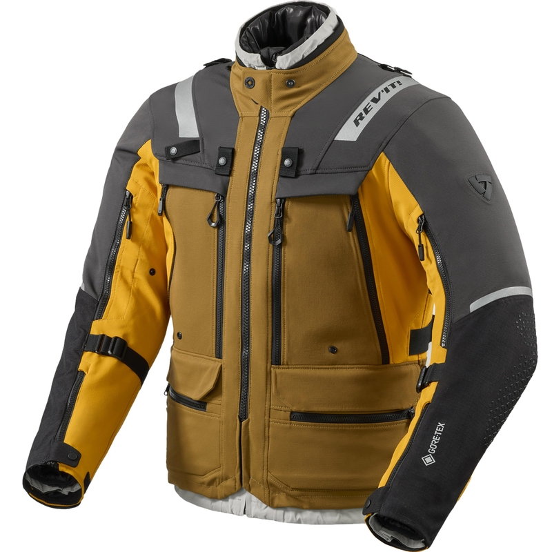 Chaqueta de moto Revit Defender 4 GTX, color negro-amarillo mostaza.