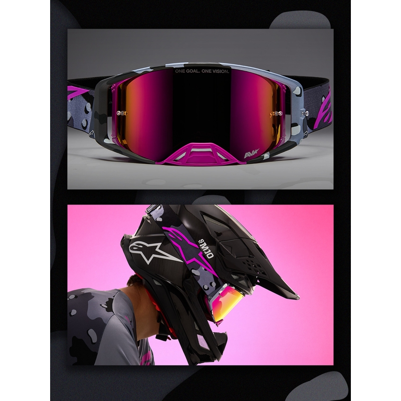 Gafas de motocross Alpinestars Supertech Lone con estampado de camuflaje morado y cristal de plexiglás rosa espejado.
