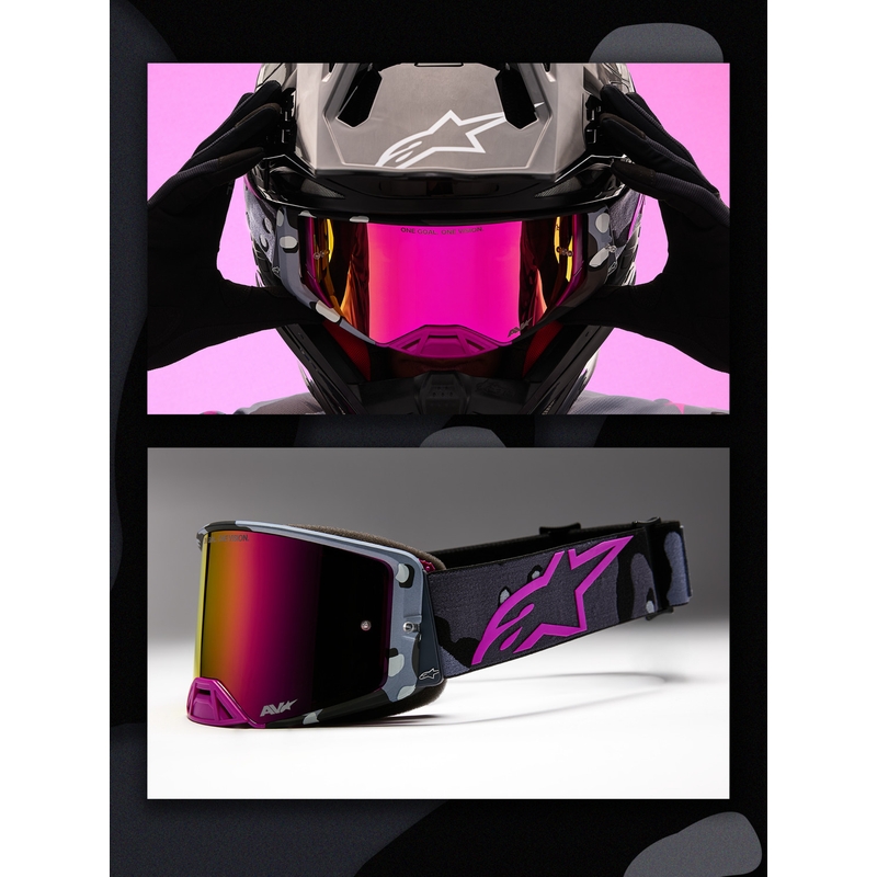 Gafas de motocross Alpinestars Supertech Lone con estampado de camuflaje morado y cristal de plexiglás rosa espejado.