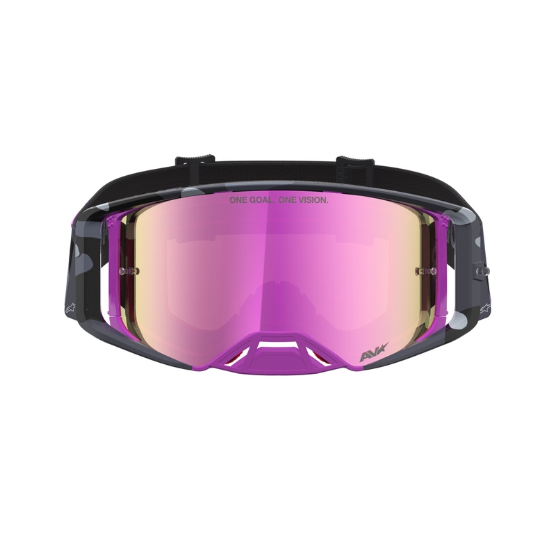 Gafas de motocross Alpinestars Supertech Lone con estampado de camuflaje morado y cristal de plexiglás rosa espejado.