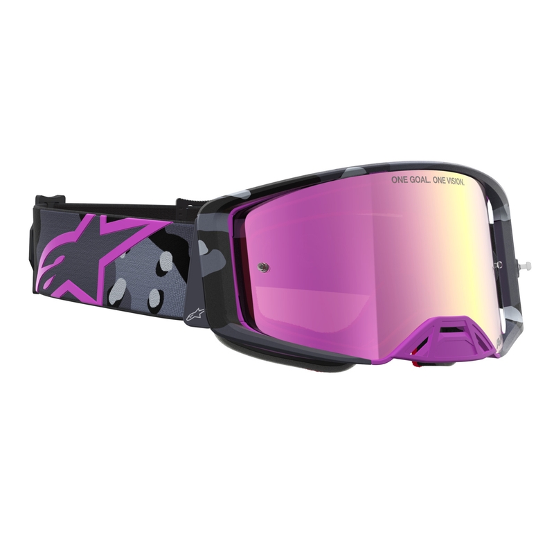 Gafas de motocross Alpinestars Supertech Lone con estampado de camuflaje morado y cristal de plexiglás rosa espejado.