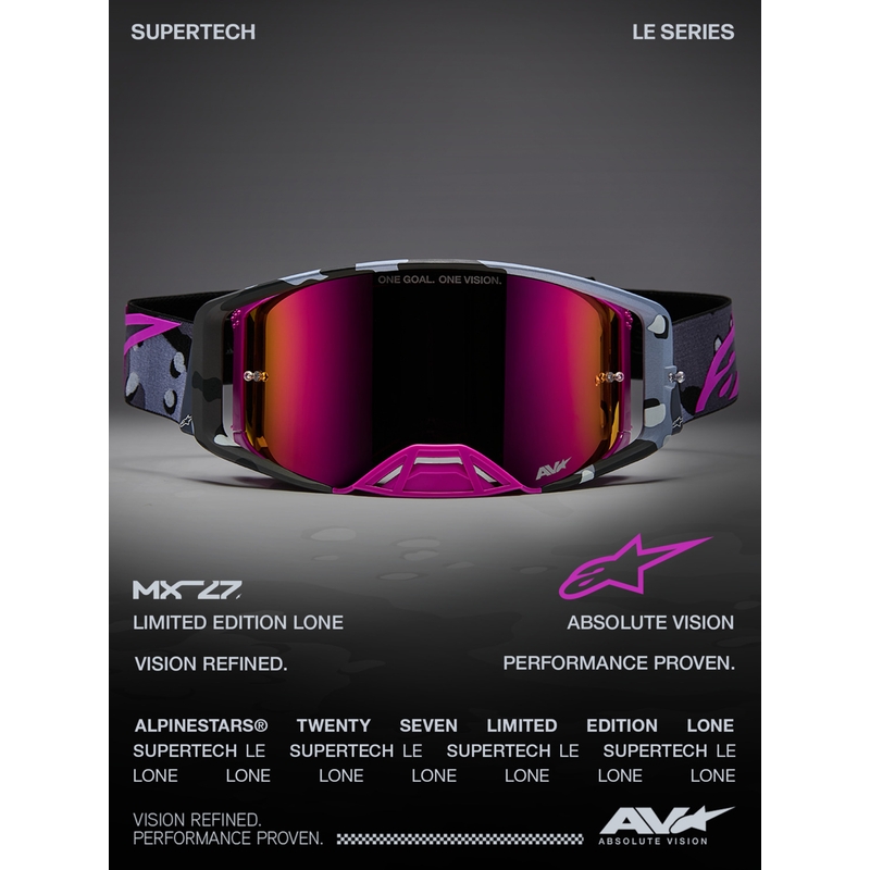 Gafas de motocross Alpinestars Supertech Lone con estampado de camuflaje morado y cristal de plexiglás rosa espejado.