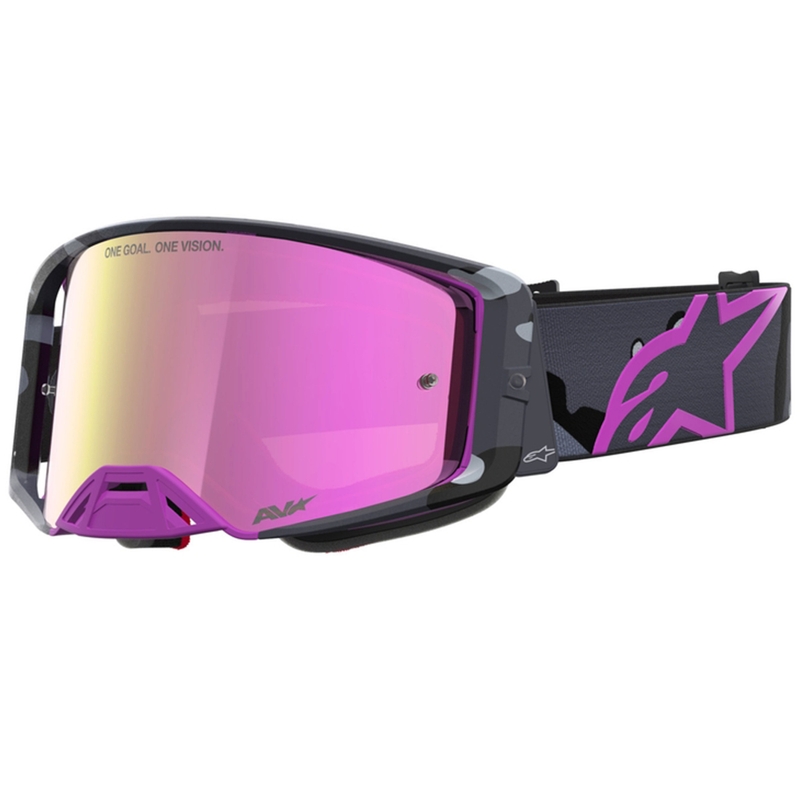 Gafas de motocross Alpinestars Supertech Lone con estampado de camuflaje morado y cristal de plexiglás rosa espejado.