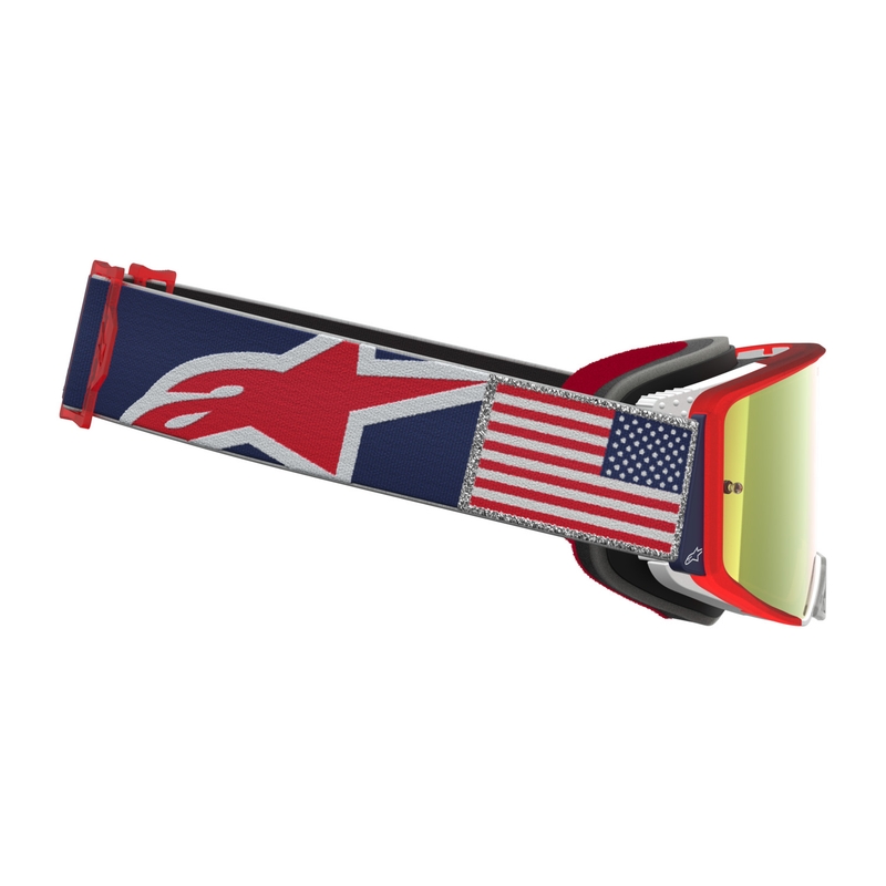 Gafas de motocross Alpinestars Supertech Fiftyfold, color azul, rojo y blanco con plexiglás rojo espejado.