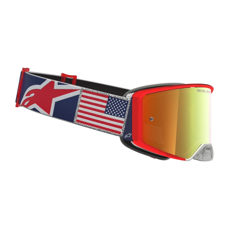 Gafas de motocross Alpinestars Supertech Fiftyfold, color azul, rojo y blanco con plexiglás rojo espejado.