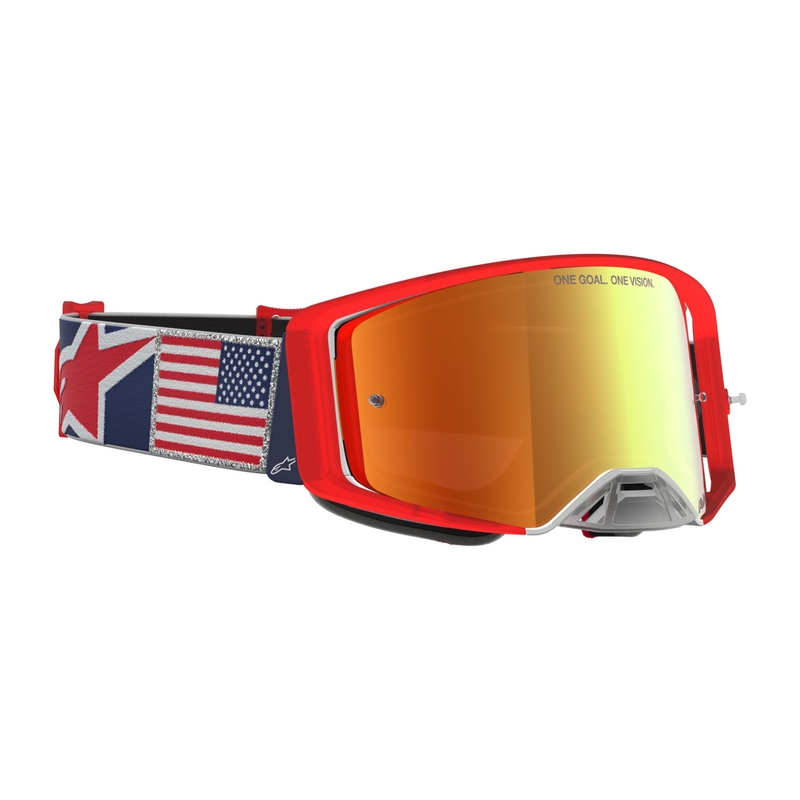 Gafas de motocross Alpinestars Supertech Fiftyfold, color azul, rojo y blanco con plexiglás rojo espejado.