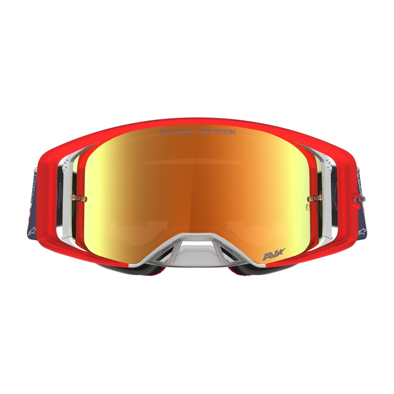 Gafas de motocross Alpinestars Supertech Fiftyfold, color azul, rojo y blanco con plexiglás rojo espejado.