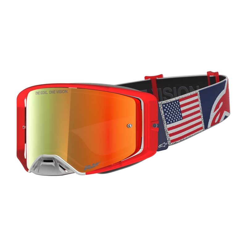 Gafas de motocross Alpinestars Supertech Fiftyfold, color azul, rojo y blanco con plexiglás rojo espejado.