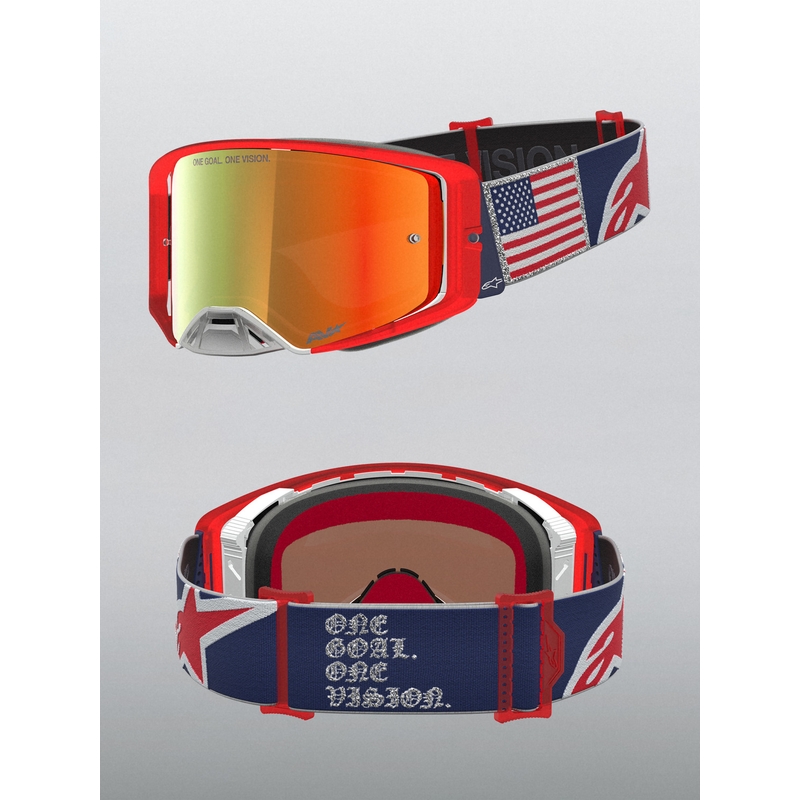 Gafas de motocross Alpinestars Supertech Fiftyfold, color azul, rojo y blanco con plexiglás rojo espejado.