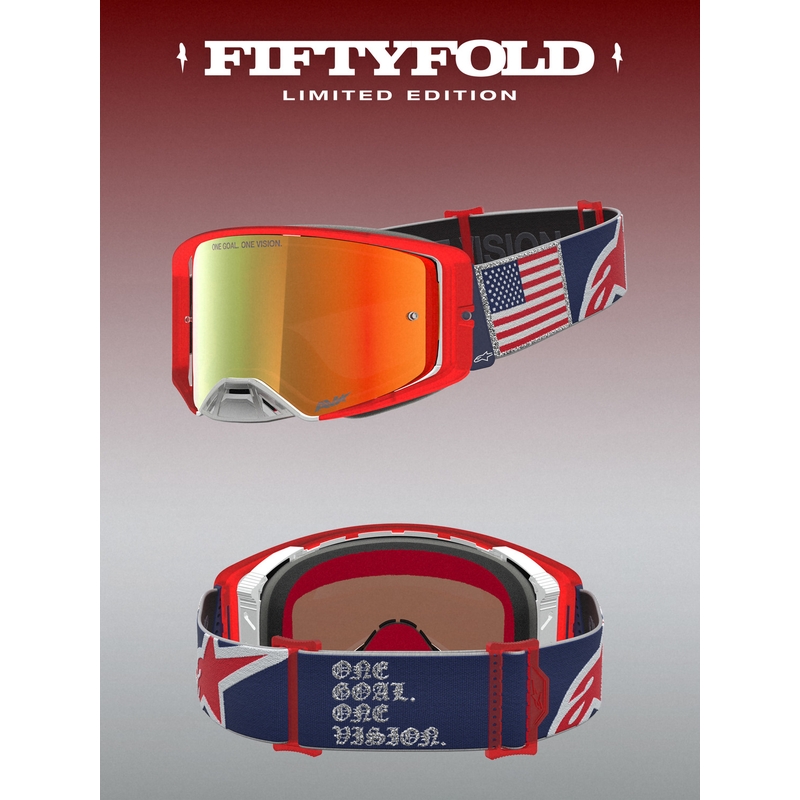Gafas de motocross Alpinestars Supertech Fiftyfold, color azul, rojo y blanco con plexiglás rojo espejado.