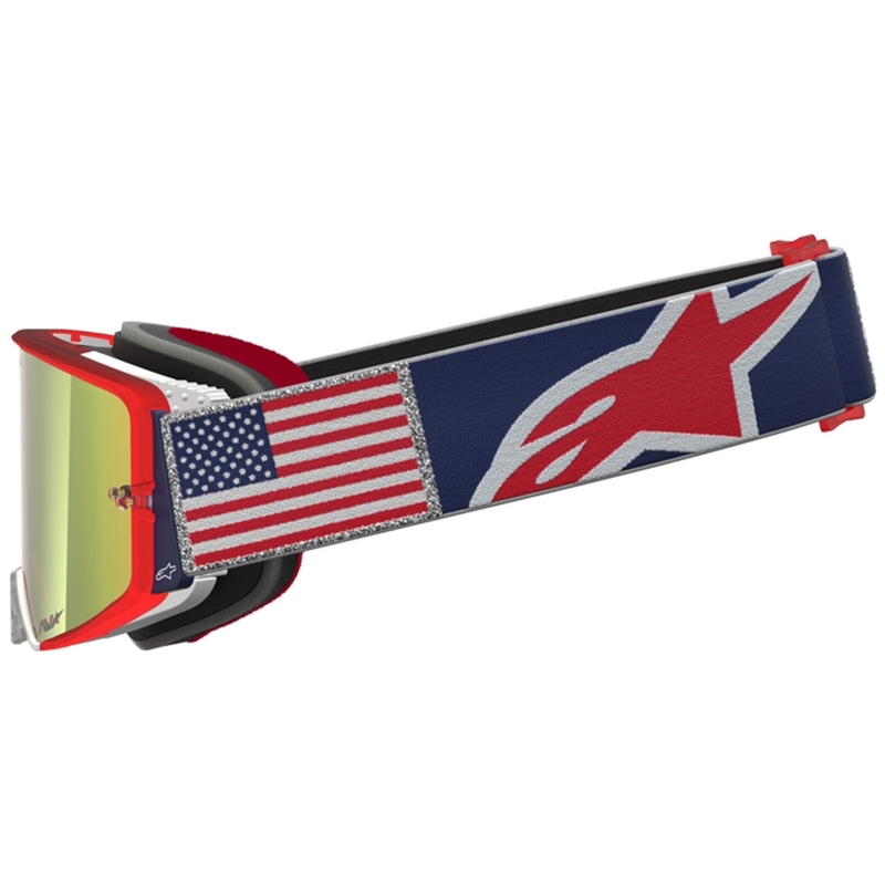 Gafas de motocross Alpinestars Supertech Fiftyfold, color azul, rojo y blanco con plexiglás rojo espejado.