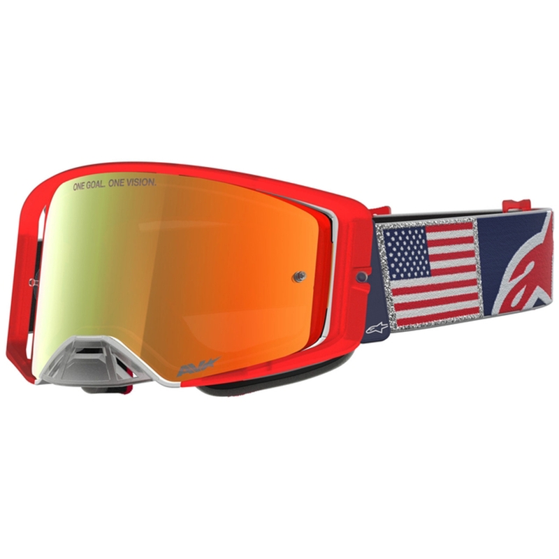 Gafas de motocross Alpinestars Supertech Fiftyfold, color azul, rojo y blanco con plexiglás rojo espejado.