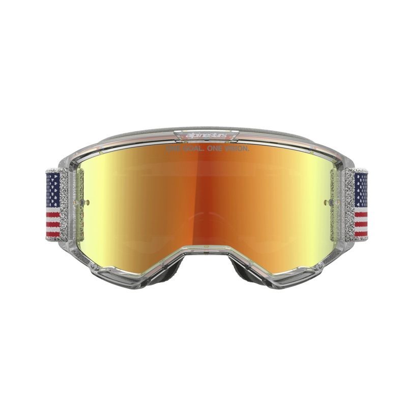 Gafas de motocross Alpinestars Vision 5 Fiftyfold en azul, rojo y blanco con lente roja espejada.